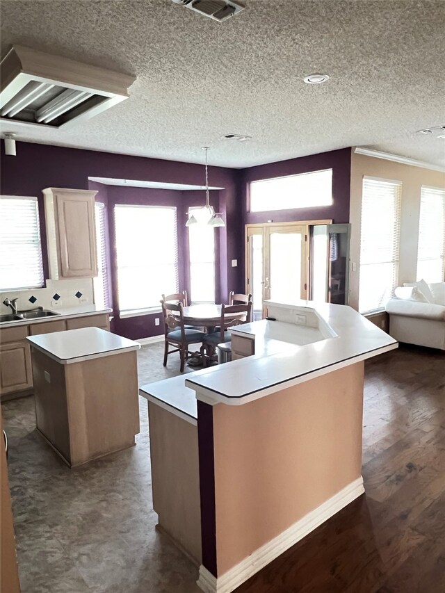 2210 Fairlands Dr, Garland, TX 75040 - kitchen with a center island, a sink, a textured ceiling, open floor plan, and hanging light fixtures