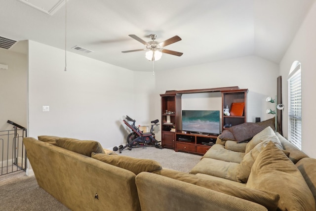 3651 Rainwater Trl, Grand Prairie, TX 76065 - living room with light carpet, attic access, ceiling fan, and lofted ceiling