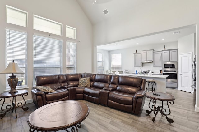 3651 Rainwater Trl, Grand Prairie, TX 76065 - living room featuring light wood-style floors and high vaulted ceiling