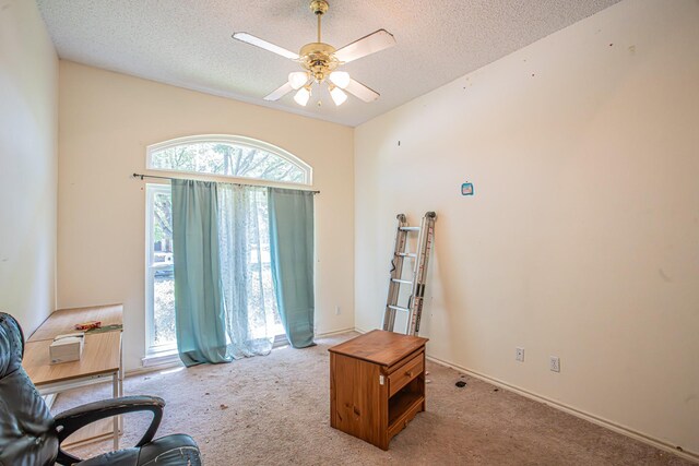 carpeted home office with a textured ceiling and ceiling fan