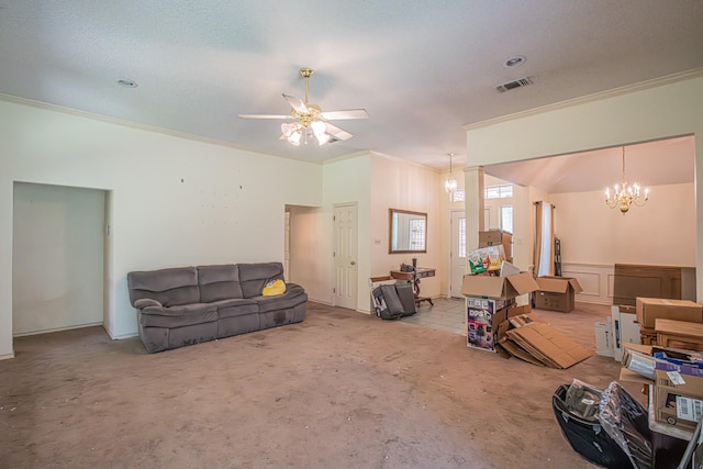 living area with carpet, visible vents, crown molding, and ceiling fan with notable chandelier