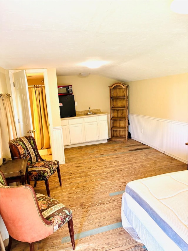 458 Jackson Ave, Strawn, TX 76475 - bedroom with wainscoting, vaulted ceiling, a sink, and light wood-type flooring