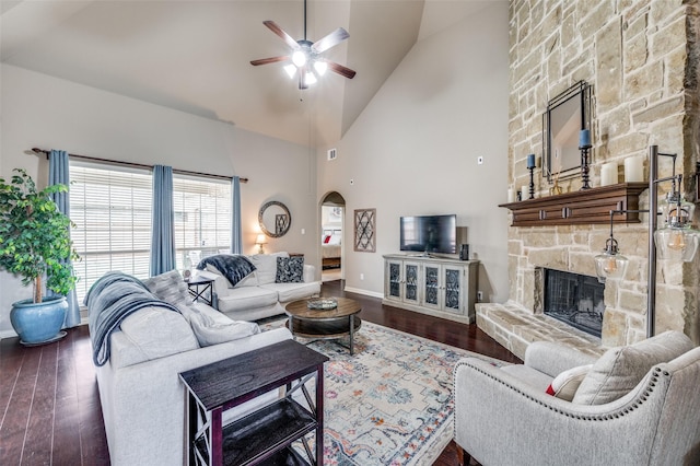 14225 Signal Hill Dr, Little Elm, TX 75068 - living area featuring a fireplace, a ceiling fan, wood-type flooring, baseboards, and high vaulted ceiling