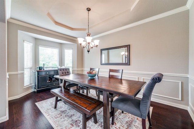 14225 Signal Hill Dr, Little Elm, TX 75068 - dining space featuring a raised ceiling, a chandelier, dark wood-style flooring, baseboards, and crown molding
