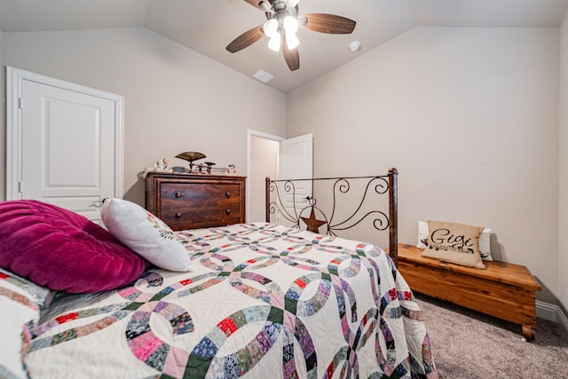 bedroom with vaulted ceiling, a ceiling fan, carpet flooring, and visible vents