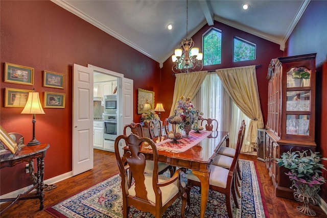 dining room with baseboards, wood finished floors, a notable chandelier, and ornamental molding
