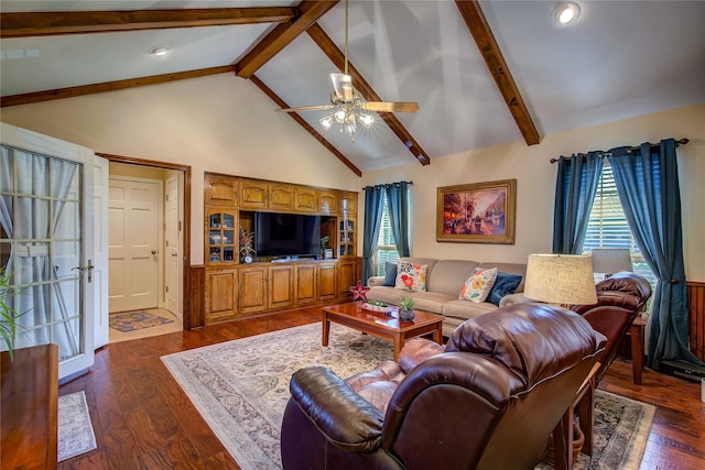 living room with recessed lighting, dark wood-style floors, beamed ceiling, high vaulted ceiling, and ceiling fan