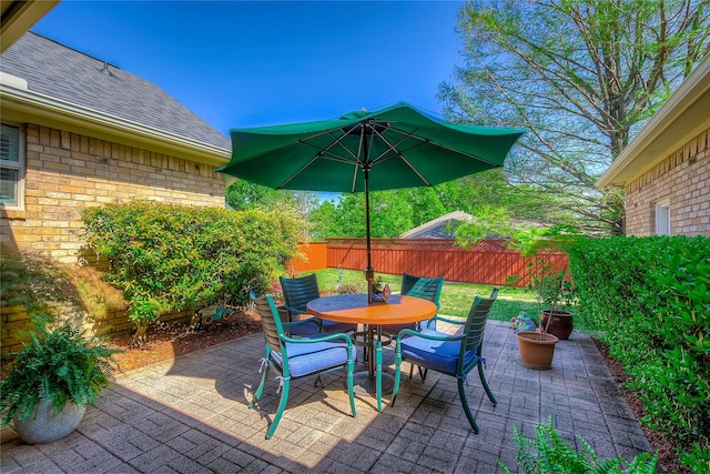 view of patio with a fenced backyard and outdoor dining space
