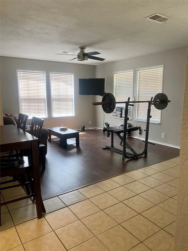 exercise area with plenty of natural light, a textured ceiling, and ceiling fan