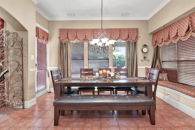 1547 Sandstone Dr, Frisco, TX 75034 - dining space with a chandelier, baseboards, tile patterned flooring, and crown molding