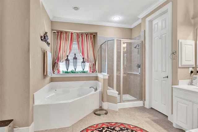 1547 Sandstone Dr, Frisco, TX 75034 - full bathroom with a stall shower, ornamental molding, a bath, tile patterned floors, and vanity