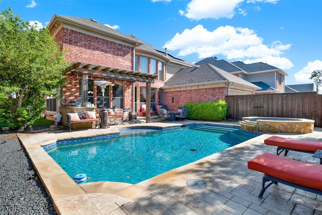1547 Sandstone Dr, Frisco, TX 75034 - view of swimming pool with a patio, outdoor lounge area, a pergola, fence, and a pool with connected hot tub