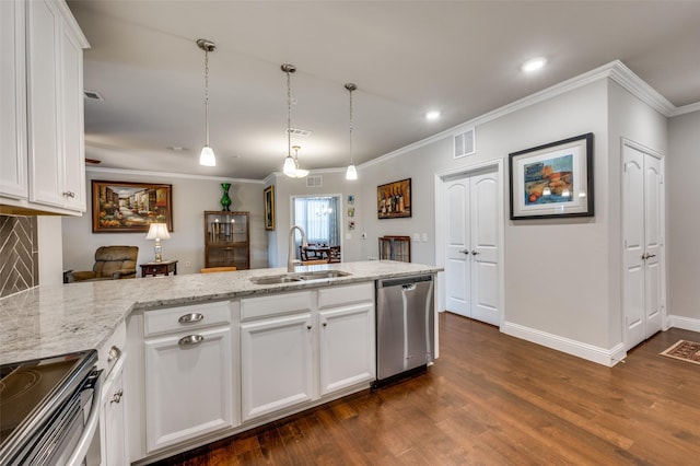 kitchen featuring stainless steel dishwasher, visible vents, a sink, and crown molding