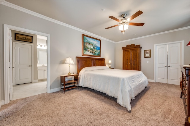 bedroom with crown molding, baseboards, and light carpet