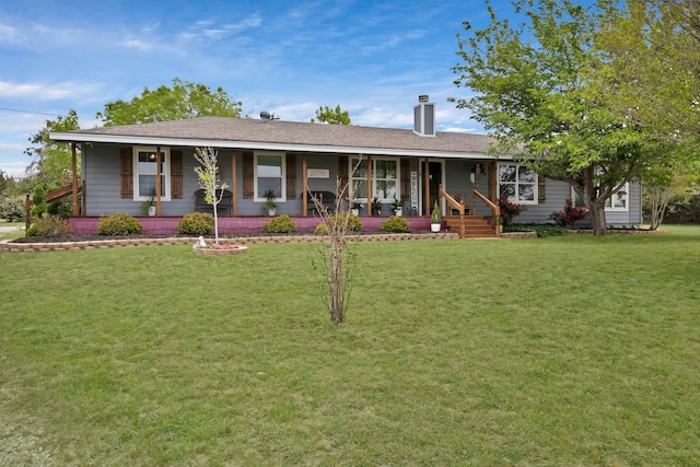 184 Wildflower Trl, Weatherford, TX 76087 - ranch-style home with a chimney, a porch, a shingled roof, and a front yard
