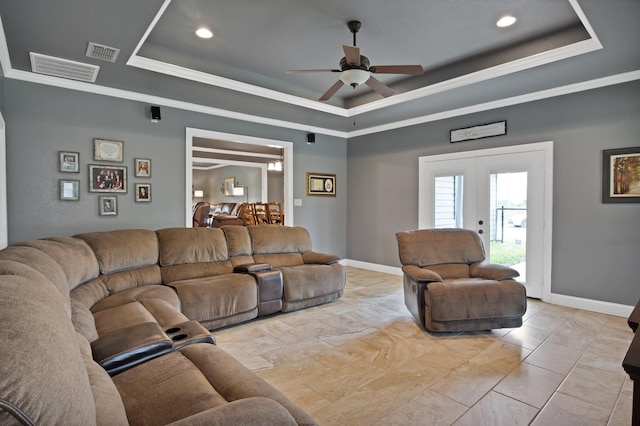 184 Wildflower Trl, Weatherford, TX 76087 - living area with ceiling fan, french doors, visible vents, and a raised ceiling