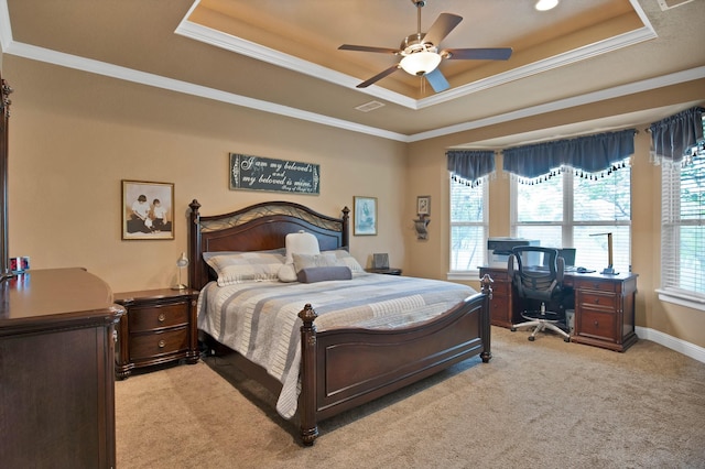 184 Wildflower Trl, Weatherford, TX 76087 - bedroom featuring a raised ceiling, visible vents, crown molding, and light colored carpet