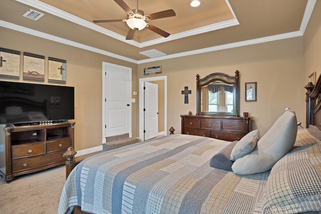 184 Wildflower Trl, Weatherford, TX 76087 - bedroom featuring visible vents, carpet floors, a raised ceiling, and crown molding