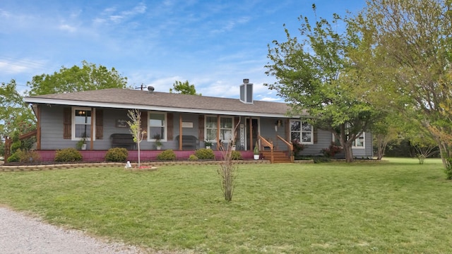 184 Wildflower Trl, Weatherford, TX 76087 - ranch-style house with a chimney, roof with shingles, a front yard, and covered porch