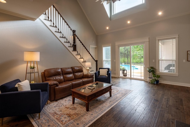 3050 County Road 3707, Bullard, TX 75757 - living room featuring stairway, high vaulted ceiling, dark wood-style floors, baseboards, and recessed lighting