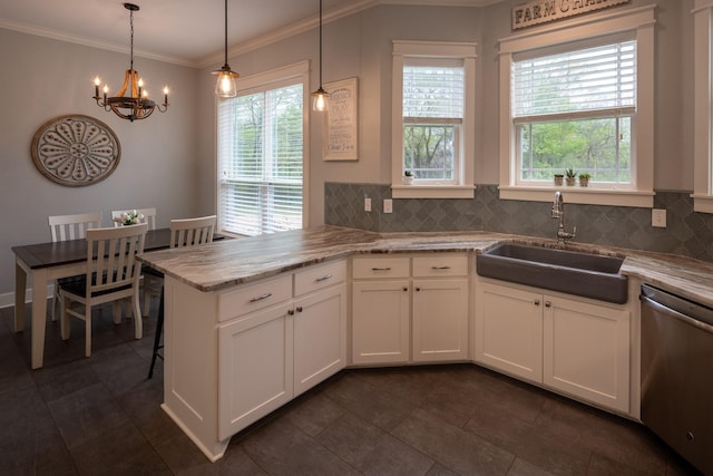 3050 County Road 3707, Bullard, TX 75757 - kitchen featuring a sink, stainless steel dishwasher, a chandelier, healthy amount of natural light, and crown molding