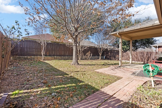 view of yard with a fenced backyard and a patio area