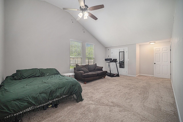 bedroom featuring baseboards, carpet, ceiling fan, and high vaulted ceiling