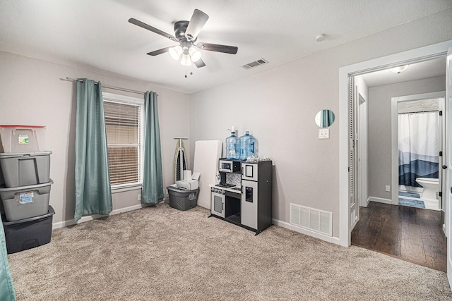 interior space featuring a wealth of natural light, visible vents, carpet floors, and ceiling fan