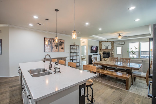 kitchen with a sink, ceiling fan, a fireplace, dark wood-style flooring, and visible vents