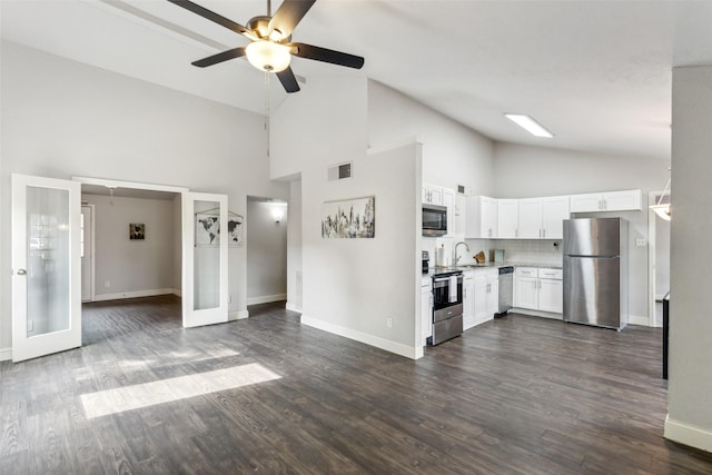 7012 Newberry Ct E, Fort Worth, TX 76120 - unfurnished living room with french doors, high vaulted ceiling, visible vents, a ceiling fan, and baseboards