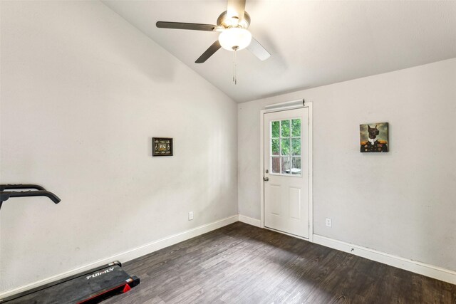 7012 Newberry Ct E, Fort Worth, TX 76120 - spare room featuring lofted ceiling, baseboards, ceiling fan, and dark wood-type flooring