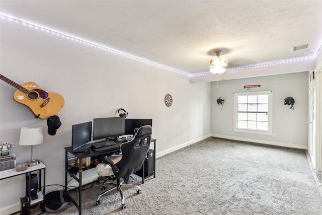 7012 Newberry Ct E, Fort Worth, TX 76120 - office space with a textured ceiling, visible vents, carpet flooring, a ceiling fan, and baseboards