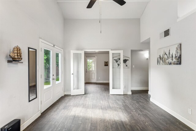 7012 Newberry Ct E, Fort Worth, TX 76120 - entryway with french doors, visible vents, a ceiling fan, a high ceiling, and baseboards