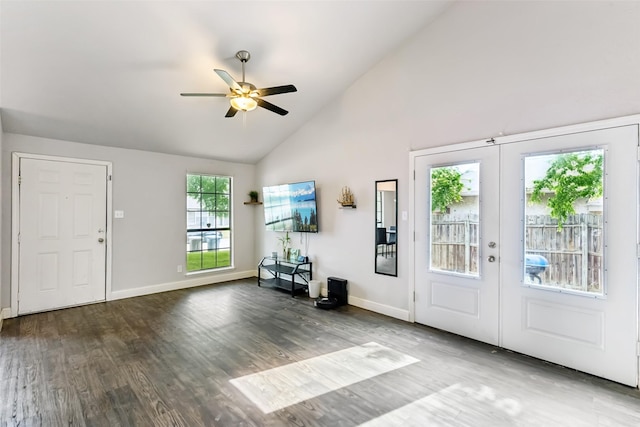 7012 Newberry Ct E, Fort Worth, TX 76120 - entrance foyer with wood finished floors, french doors, ceiling fan, and high vaulted ceiling