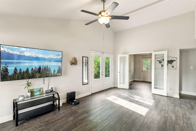 7012 Newberry Ct E, Fort Worth, TX 76120 - living room with french doors, a healthy amount of sunlight, ceiling fan, high vaulted ceiling, and wood finished floors