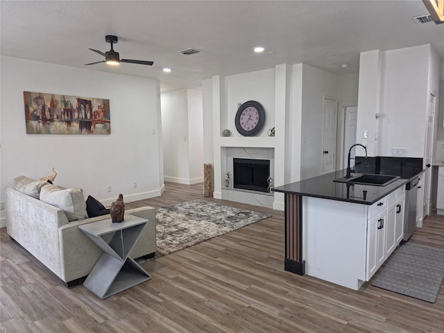 1941 Juniper Dr, Little Elm, TX 75068 - living room with wood finished floors, baseboards, ceiling fan, recessed lighting, and a fireplace