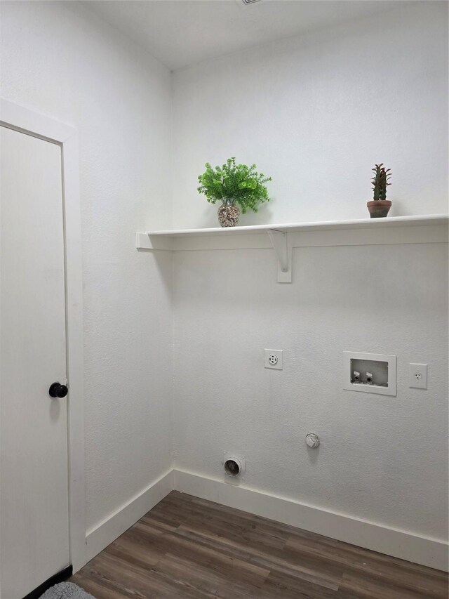 1941 Juniper Dr, Little Elm, TX 75068 - laundry room featuring dark wood-style flooring, baseboards, washer hookup, hookup for an electric dryer, and hookup for a gas dryer