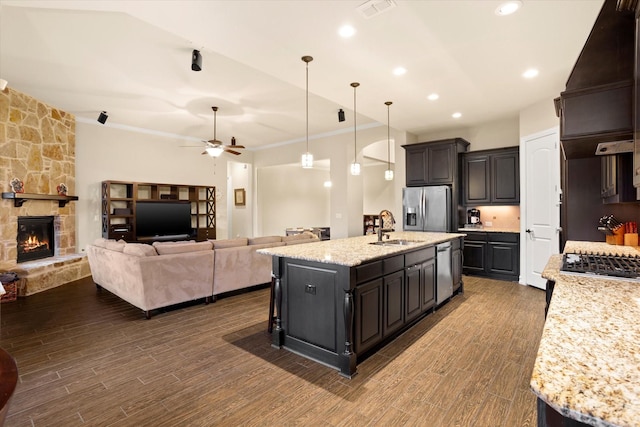 kitchen with a stone fireplace, open floor plan, stainless steel appliances, and a sink