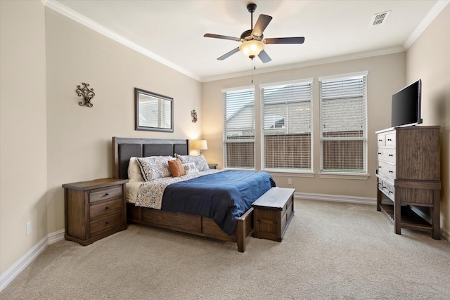 bedroom with ornamental molding, baseboards, visible vents, and light colored carpet