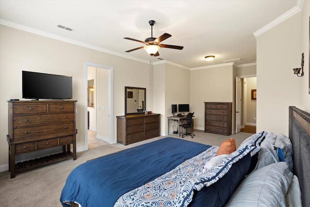bedroom featuring a ceiling fan, crown molding, baseboards, and light carpet