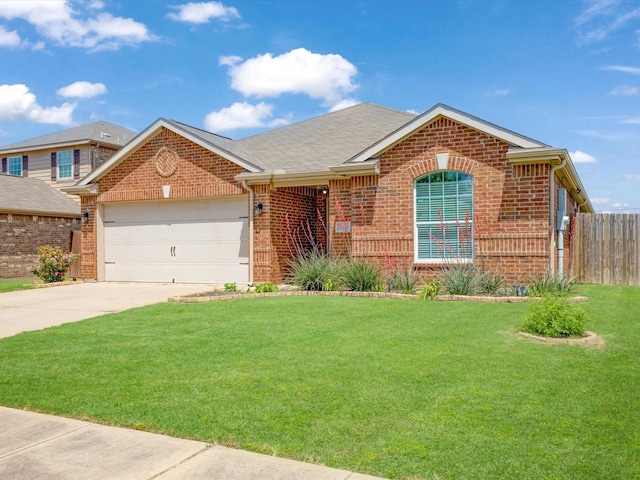 ranch-style house with a garage, driveway, fence, a front yard, and brick siding