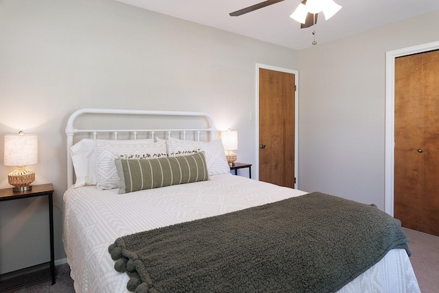 carpeted bedroom featuring a ceiling fan