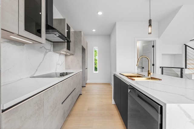 1926 Pueblo St, Dallas, TX 75212 - kitchen with modern cabinets, stainless steel dishwasher, and wall chimney exhaust hood