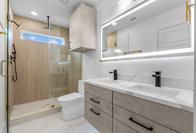 1926 Pueblo St, Dallas, TX 75212 - bathroom with toilet, visible vents, a sink, and a stall shower