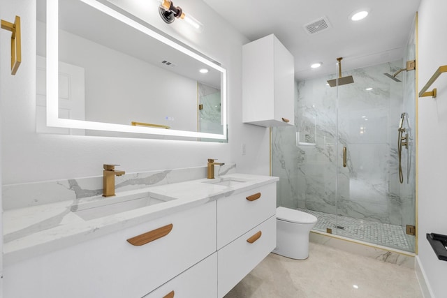 1926 Pueblo St, Dallas, TX 75212 - full bathroom featuring toilet, visible vents, a marble finish shower, and a sink