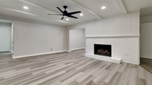 2300 Anders Dr, Mesquite, TX 75150 - unfurnished living room with beam ceiling, recessed lighting, light wood-style floors, a brick fireplace, and ceiling fan