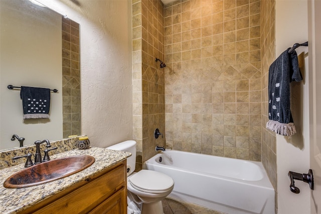 4312 Blue Quail Dr, Mckinney, TX 75072 - bathroom with a textured wall, toilet, shower / tub combination, and vanity