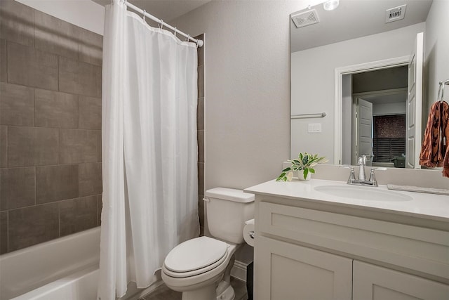 full bath with shower / tub combo, visible vents, vanity, and toilet