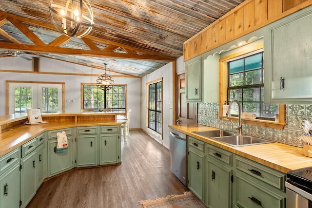 230 W Sesame St, Karnack, TX 75661 - kitchen featuring green cabinetry, a sink, dishwasher, dark wood-style floors, and wooden counters