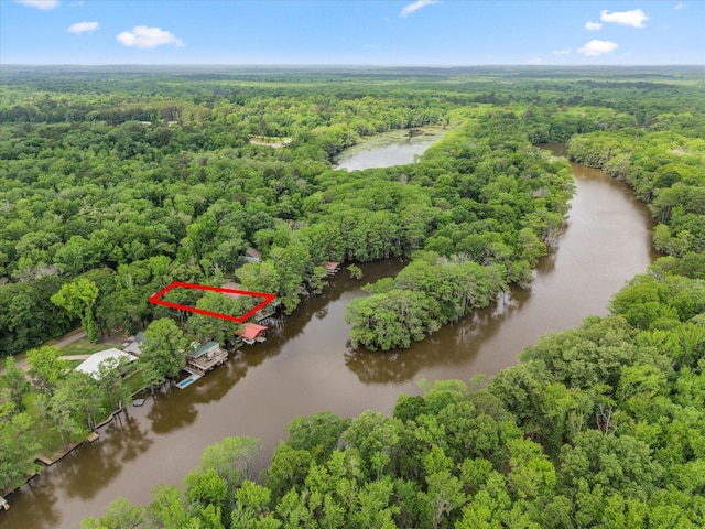230 W Sesame St, Karnack, TX 75661 - aerial view of property and surrounding area featuring a heavily wooded area, a nearby body of water, and property parcel outlined